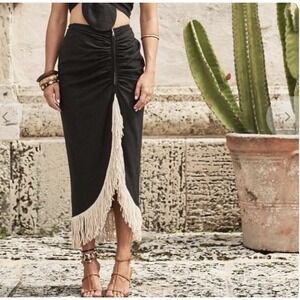 Just be queen JBQ Small Mallorca Fringe Midi Skirt Linen Black Boho Coastal